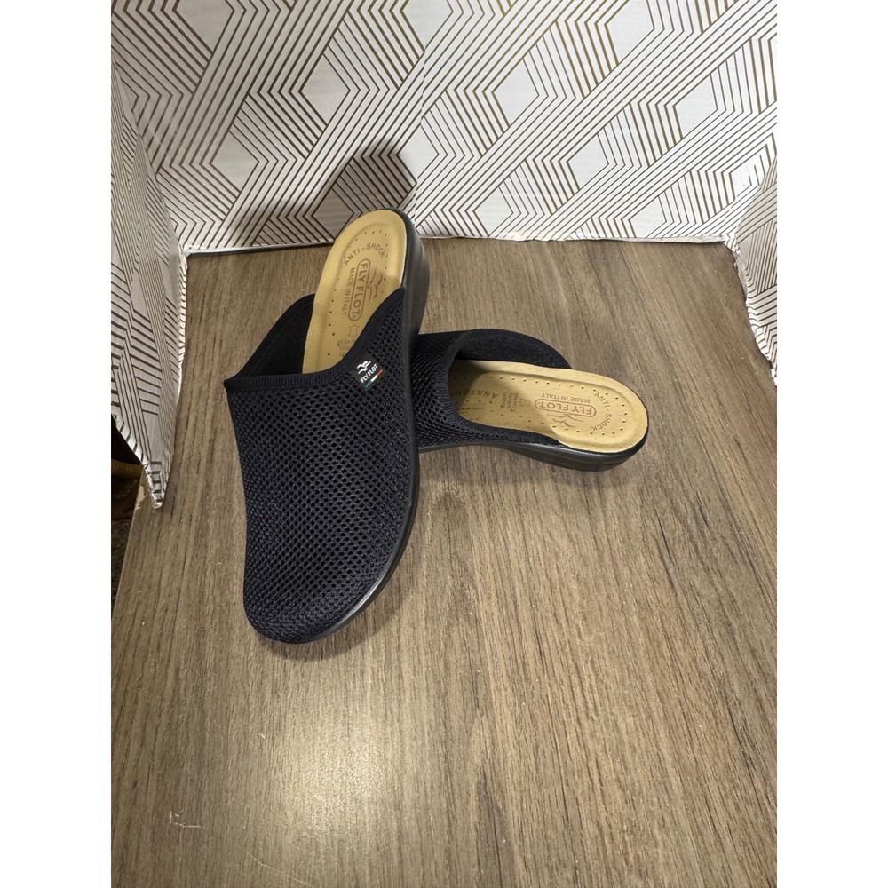 Fly Flot Womens Black Mesh Anatomic Clogs Made in Italy Mules 39-8 T4 368 FE